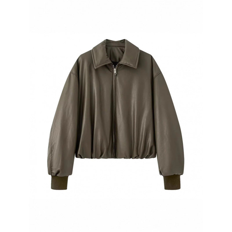 Damen lässige Boxy-Jacke aus weichem Kunstleder mit elastischem Bund EB