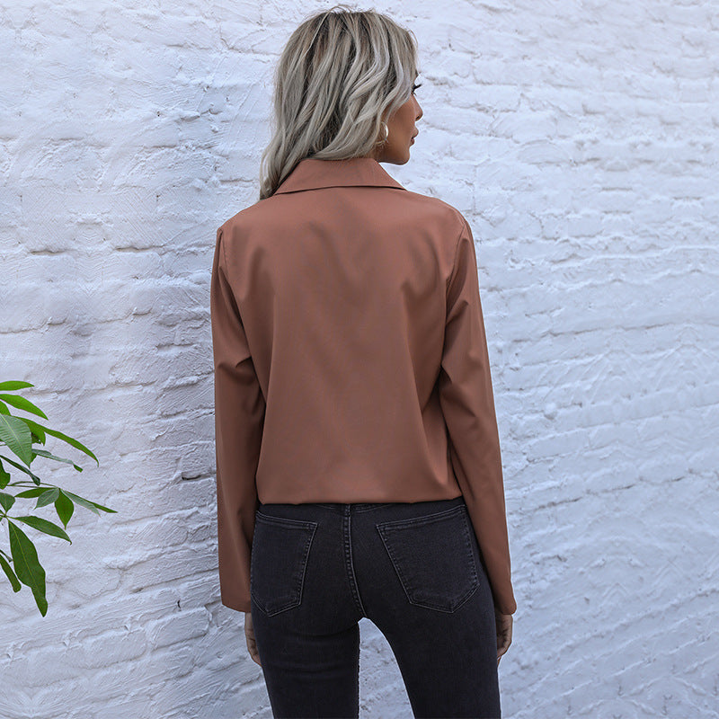 Damen Elegante Bluse mit Krawattenverschluss und Brusttaschen EB