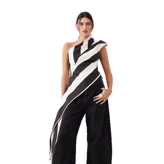 Damen asymmetrisches Wickeloberteil mit Streifenmuster EB