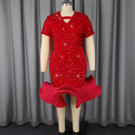 Damen glamouröses Abendkleid mit schimmernden Pailletten und voluminösem Saum EB