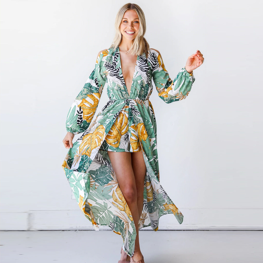 Damen Maxi-Kaftan mit floralem Muster und tiefem Ausschnitt EB