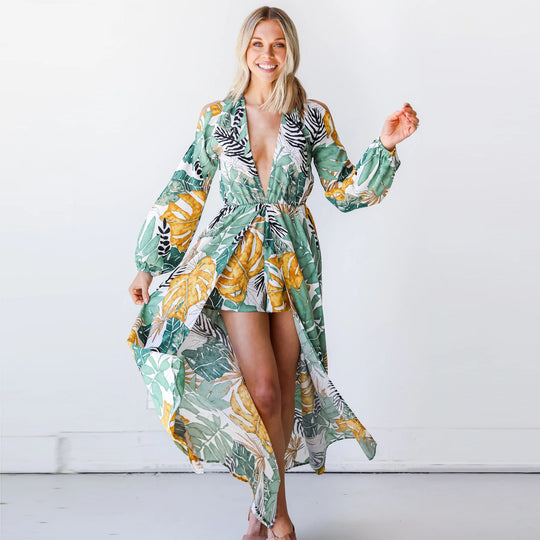 Damen Maxi-Kaftan mit floralem Muster und tiefem Ausschnitt EB