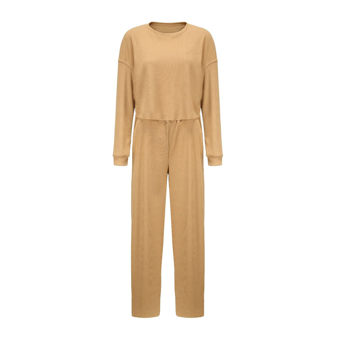 Damen kurz geschnittenes Waffelstrick-Lounge-Set mit hoch taillierter Palazzohose EB