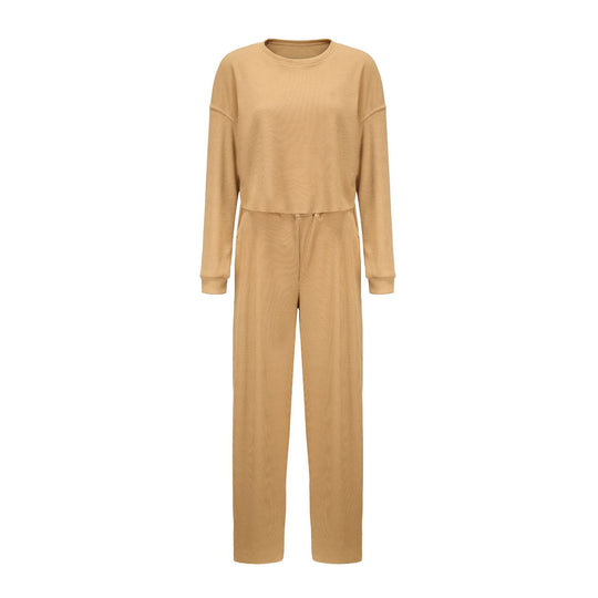 Damen kurz geschnittenes Waffelstrick-Lounge-Set mit hoch taillierter Palazzohose EB