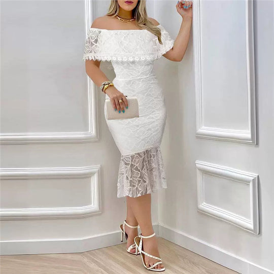 Damen Off-Shoulder Spitzenkleid mit voluminösem Saum EB