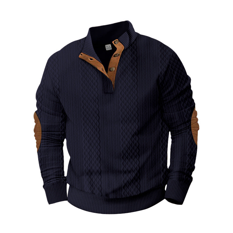Herren nan strukturierter Henley-Pullover mit Stehkragen, Knopfleiste und Lederoptik-Ellbogenbesatz EB