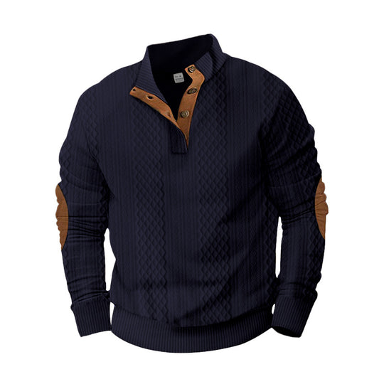 Herren nan strukturierter Henley-Pullover mit Stehkragen, Knopfleiste und Lederoptik-Ellbogenbesatz EB
