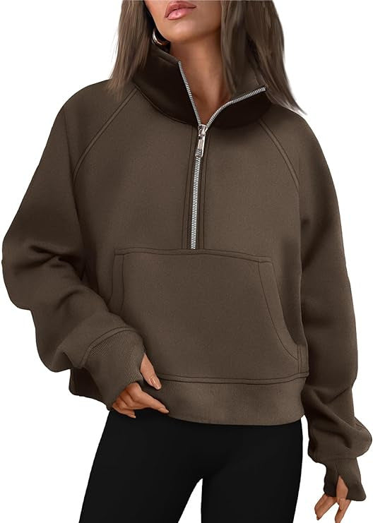 Damen nan cropped Halbzip-Sweatshirt mit hohem Stehkragen, Kängurutasche und überschnittener Schulter EB