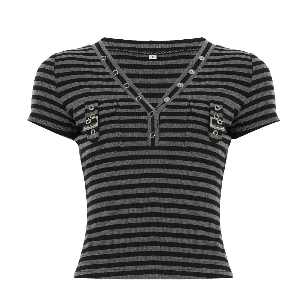 Damen Kurzarm Shirt mit dekorativem V-Ausschnitt und praktischem Taschen-Design EB