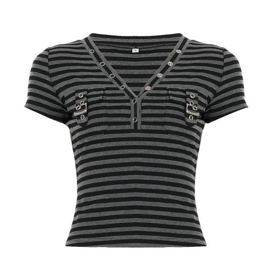 Damen Kurzarm Shirt mit dekorativem V-Ausschnitt und praktischem Taschen-Design EB