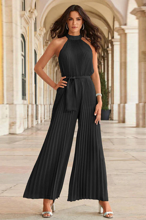 Damen Plissierter Ärmelloser Jumpsuit mit hohem Stehkragen, weitem Palazzo-Bein und Taillenschärpe EB