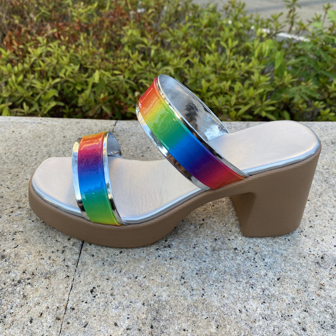 Damen Plateau-Sandalen mit regenbogenfarbenem Glanz und bequemem Absatz EB