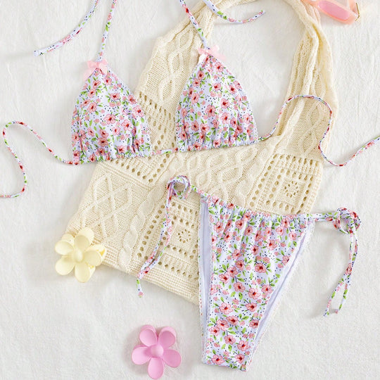 Damen Triangel-Bikini mit floralem Muster und vielseitigem Höschen EB