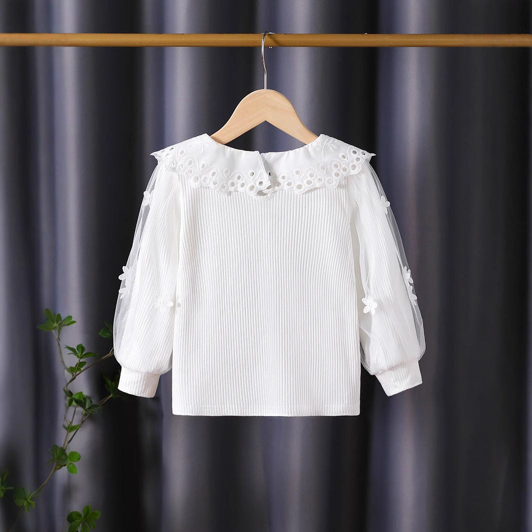 Mädchen Bluse mit voluminösen Tüllärmeln und aufwändigen Blumenstickereien EB