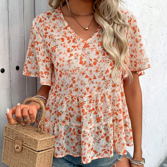 Damen Bluse mit Rüschenschnitt und floralem Muster EB