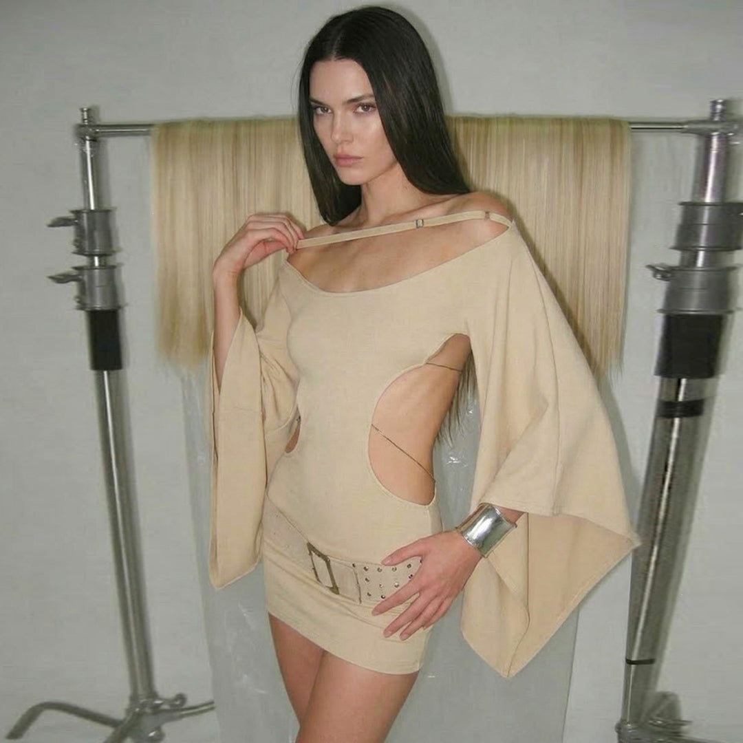 Damen elegantes Oversized Kleid mit transparenten Einschnitten und modernem Design EB