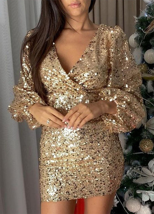 Damen Pailletten Kleid mit V-Ausschnitt und Puffärmeln EB