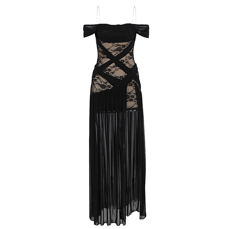 Damen Elegantes Spitzenkleid mit tiefem Schlitz und trägerlosem Schnitt EB