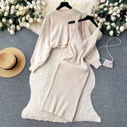 Damen Elegantes Strickkleid mit raffinierter Ribstruktur und stylischem Crop-Pullover EB
