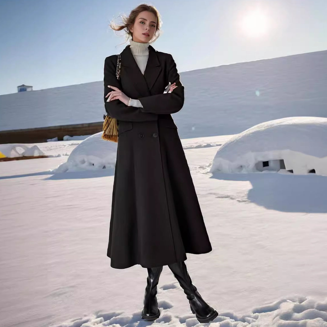Damen eleganter Langmantel mit doppelter Knopfreihe und seitlichen Eingrifftaschen EB