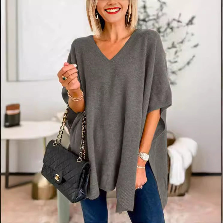 Damen lässiger Strickponcho mit V-Ausschnitt und überschnittenen Ärmeln EB