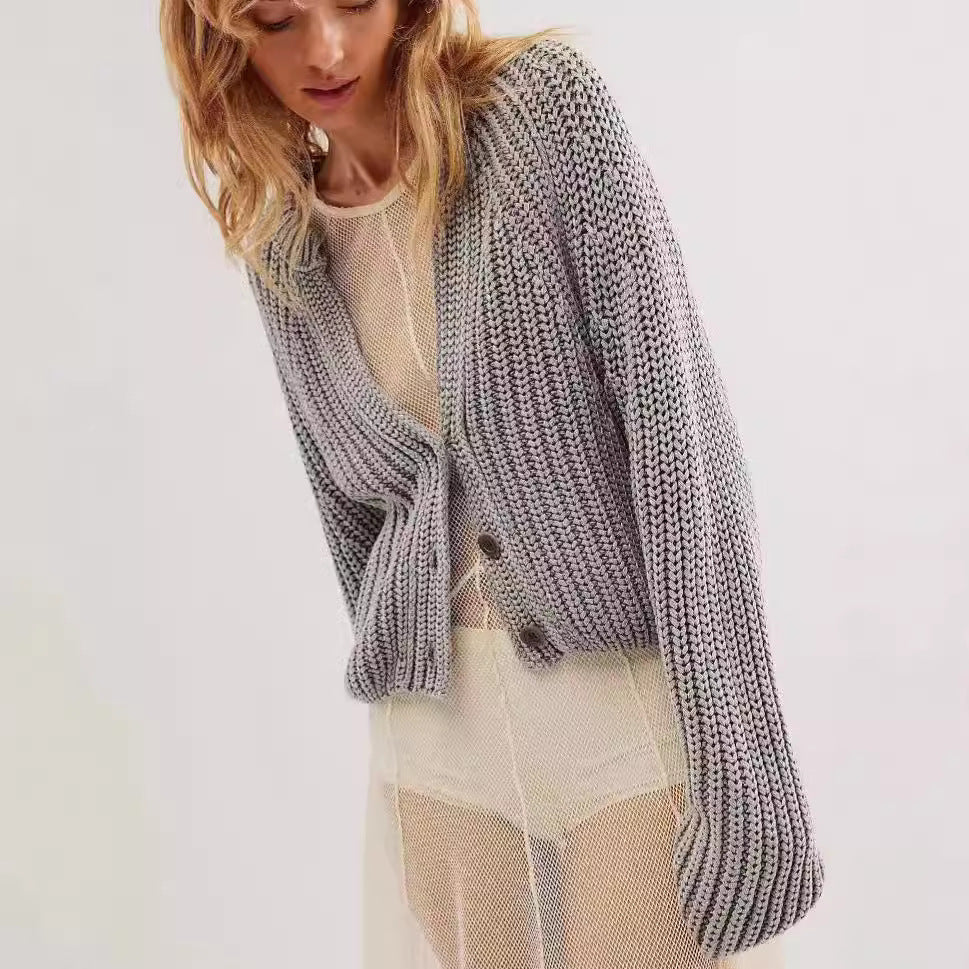 Damen lässige Strickjacke mit dekorativem Knopfverschluss und voluminösen Ärmeln EB