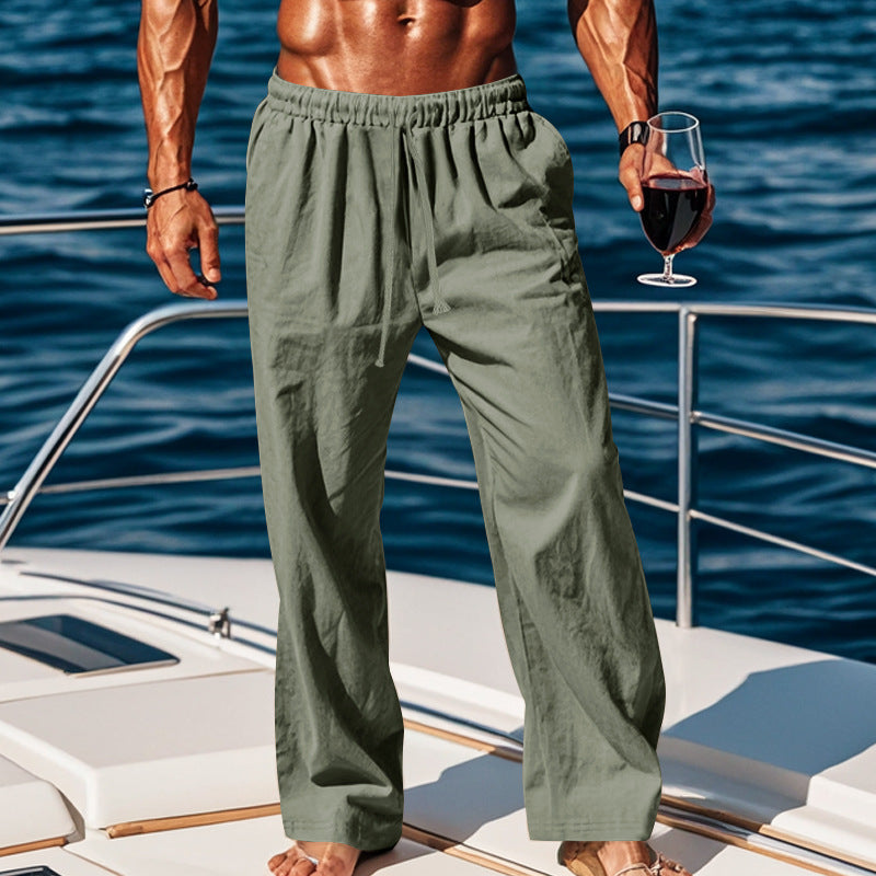Herren nan weite Leinen-Loungehose mit elastischem Tunnelzugbund, Kordelzug und geradem Bein EB