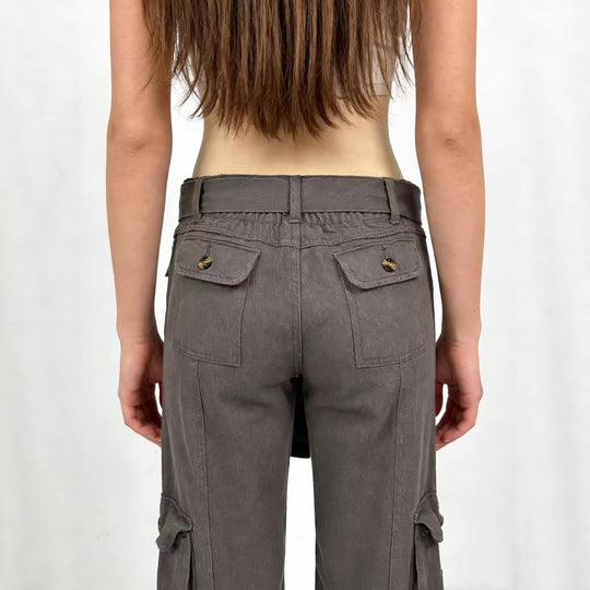 Damen nan weite Cargo-Hose mit hoher Taille, Bindegürtel und mehreren aufgesetzten Klappentaschen EB