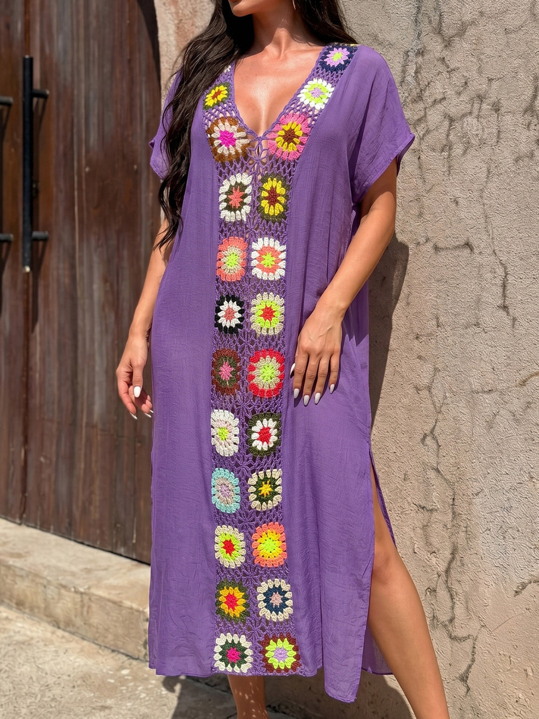 Damen Häkel-Strandkimono mit floralem Patchwork-Design EB