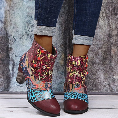 Damen Elegante Stiefeletten mit floralen Mustern und dekorativen Knöpfen EB