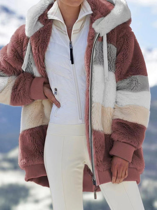 Damen nan oversized gefütterte Kunstfelljacke mit Kapuze, Blockstreifen und gerippten Bündchen EB