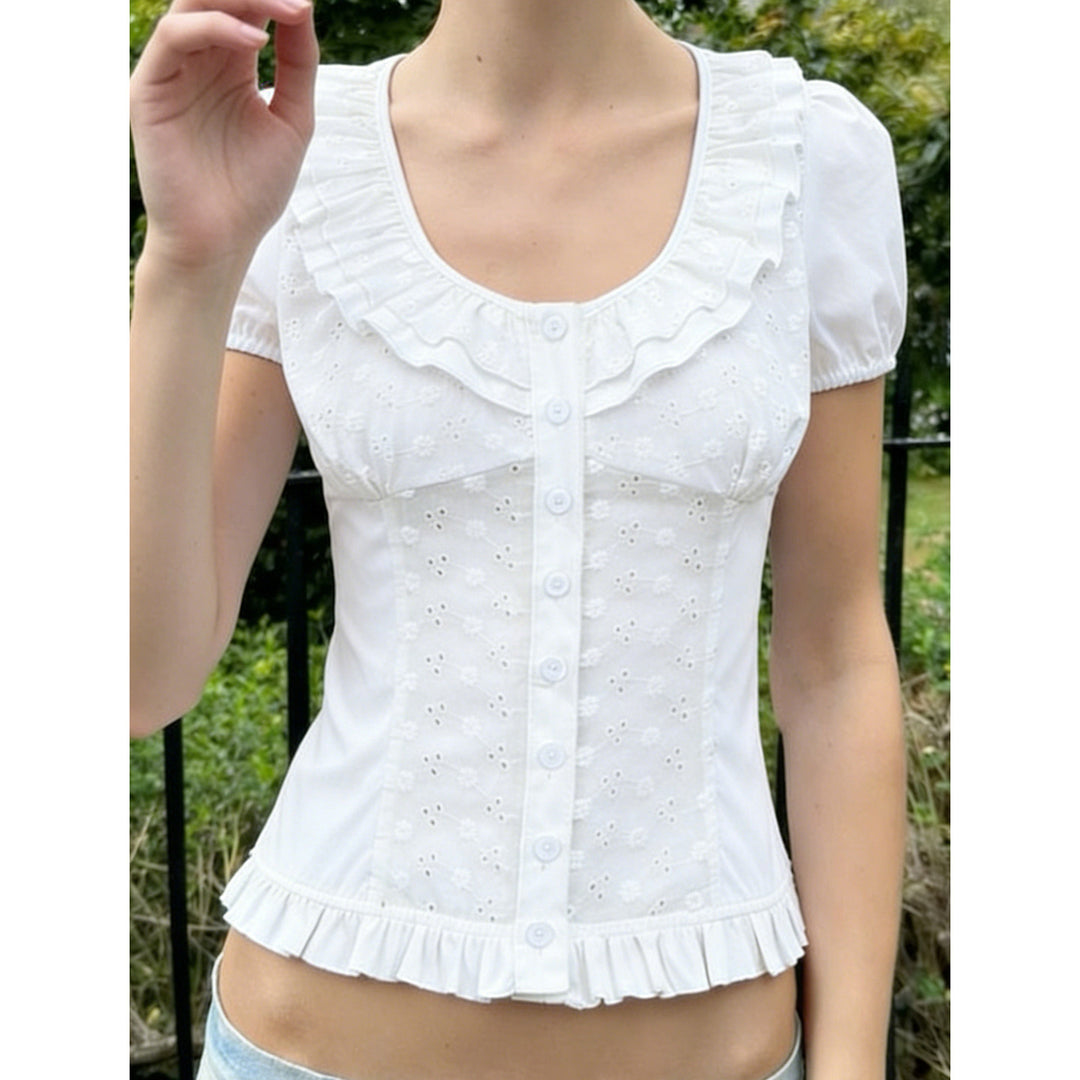 Damen Rüschenshirt mit floralem Design und voluminösen Ärmeln EB
