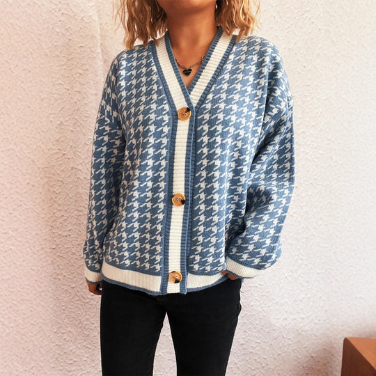 Damen lässiger Strickcardigan mit modischem Hahnentritt-Muster und Holzknöpfen EB