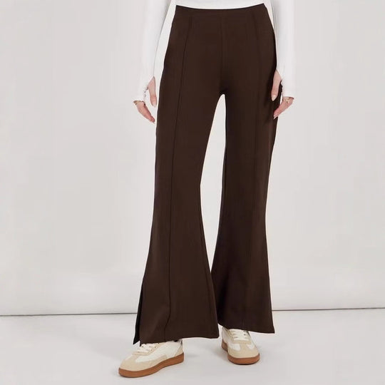 Damen weite Flared-Hose aus strukturiertem Material mit seitlichen Schlitzen EB