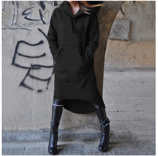 Damen nan Oversize Kapuzenkleid mit hohem Rückensaum, Kängurutasche und lässigem Streetstyle-Schnitt EB
