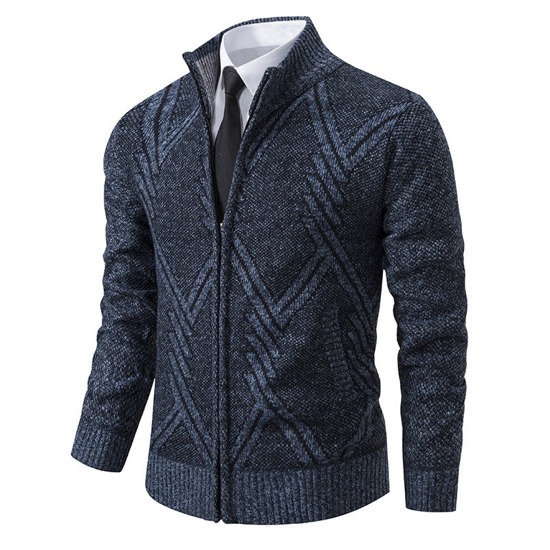 Herren elegante Strickjacke mit strukturiertem Zopfmuster und hochschließendem Kragen EB