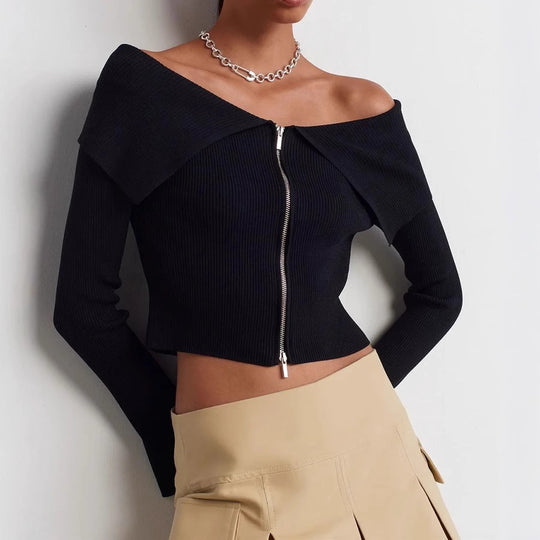 Damen cropped Oberteil mit weitem Ausschnitt und Reißverschluss EB