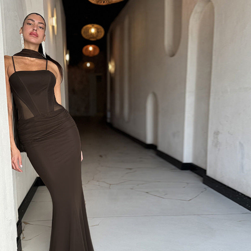 Damen elegantes figurbetontes Maxikleid mit transparenten Einsätzen und stylishem Stehkragen EB