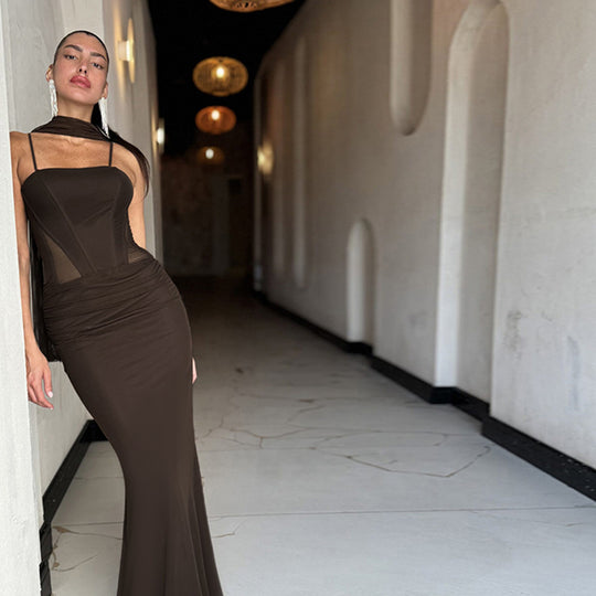 Damen elegantes figurbetontes Maxikleid mit transparenten Einsätzen und stylishem Stehkragen EB