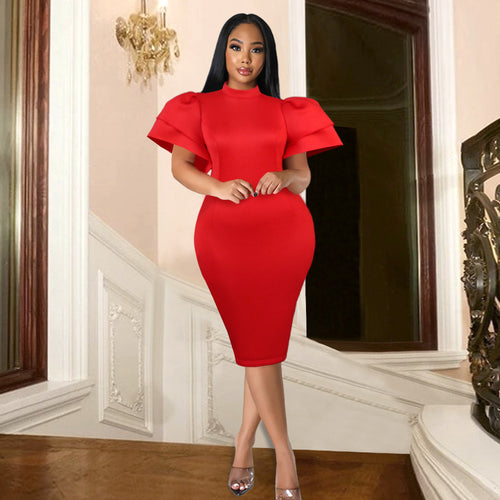 Damen figurbetontes Kleid mit voluminösen Ärmeln EB