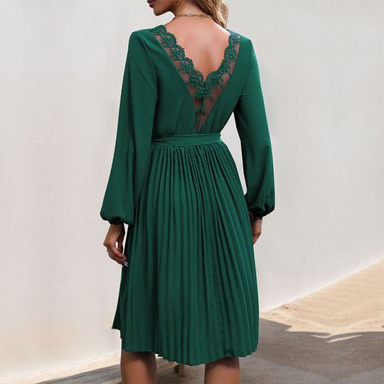Damen Plissiertes Wickelkleid mit Taillengürtel und langen Ärmeln EB