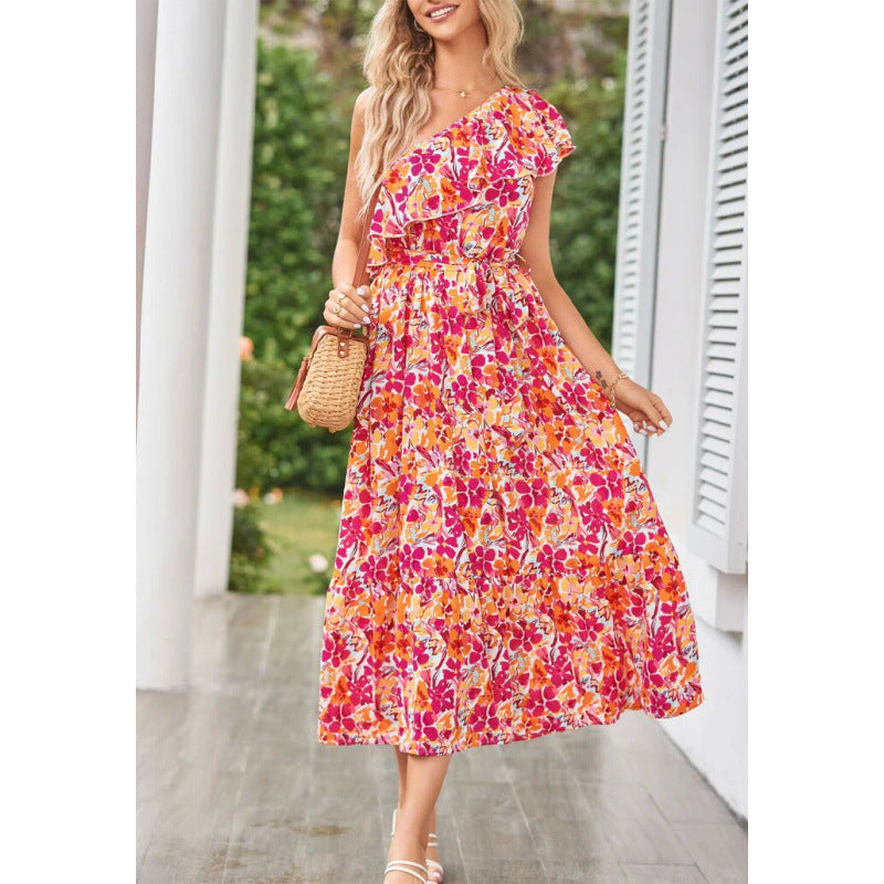 Damen Maxikleid mit asymmetrischem Schnitt und floralem Volantdesign EB