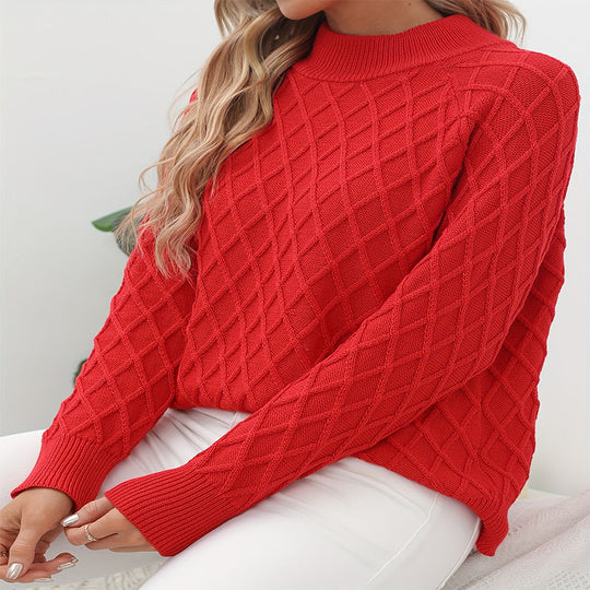 Damen Grobstrickpullover mit Rautenstruktur und Stehkragen EB