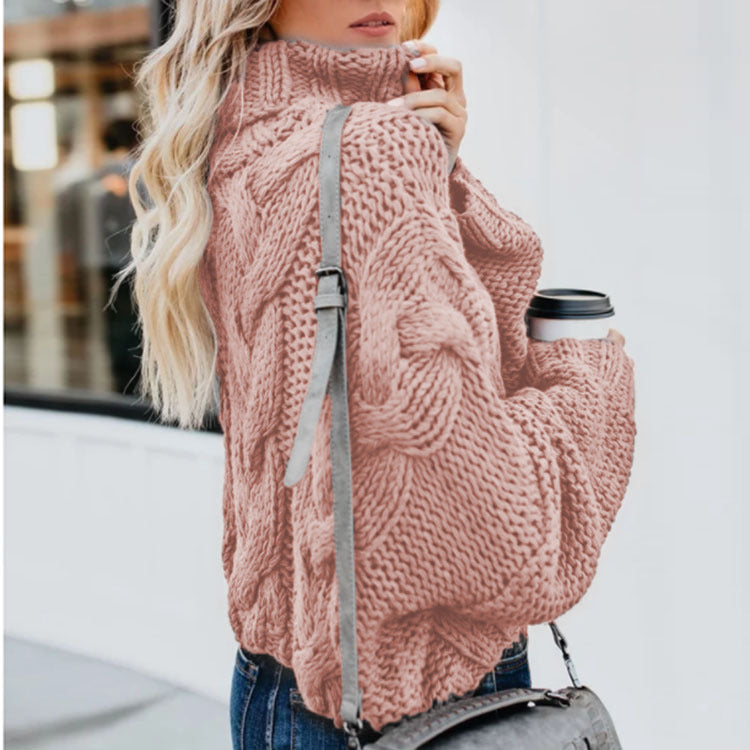 Damen Grobstrickpullover mit hohem Kragen und Zopfmuster EB