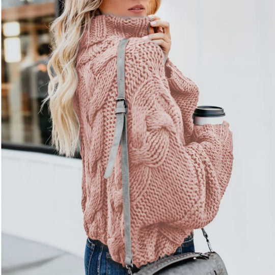 Damen Grobstrickpullover mit hohem Kragen und Zopfmuster EB