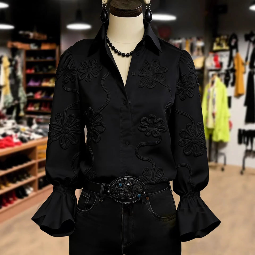 Damen elegante Bluse mit floraler Stickerei und voluminösen Ärmeln EB