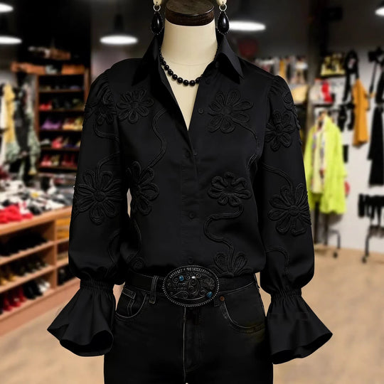 Damen elegante Bluse mit floraler Stickerei und voluminösen Ärmeln EB