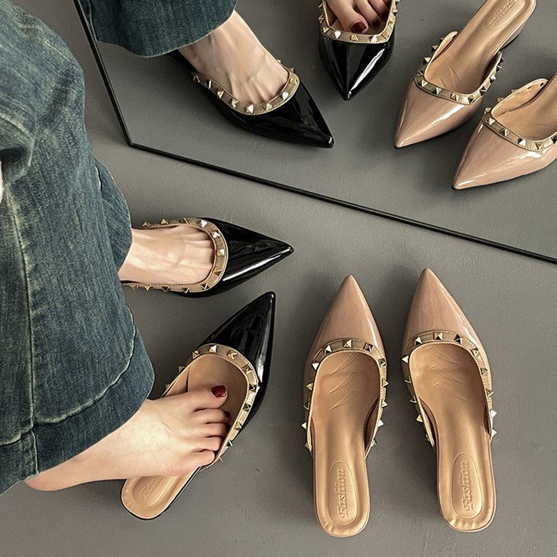 Damen elegante Mules mit spitzem Design und luxuriöser Schmuckverzierung EB