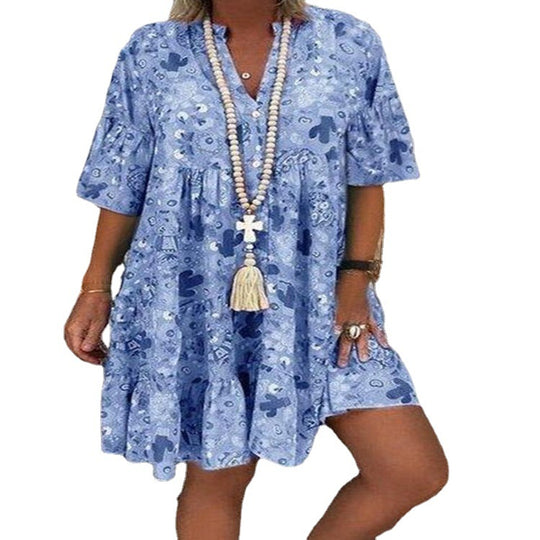 Damen nan A-Linien-Tunika-Minikleid mit V-Ausschnitt, stufigem Volant und Boho-Bandana-Print EB