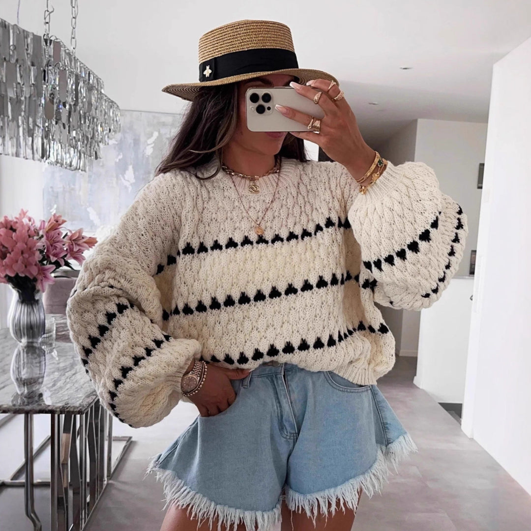 Damen Grobstrickpullover mit voluminösen Ärmeln und strukturiertem Muster EB
